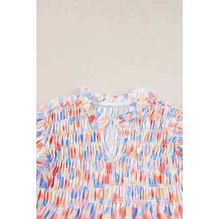 Pink Shirred Yoke Ruffled Abstract Printed Blouse