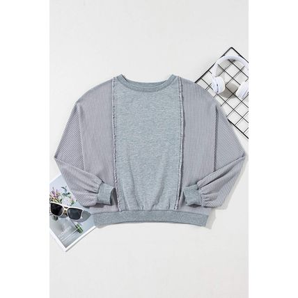 Light Grey Waffle Patchwork Long Sleeve Raw Hem Pullover Top