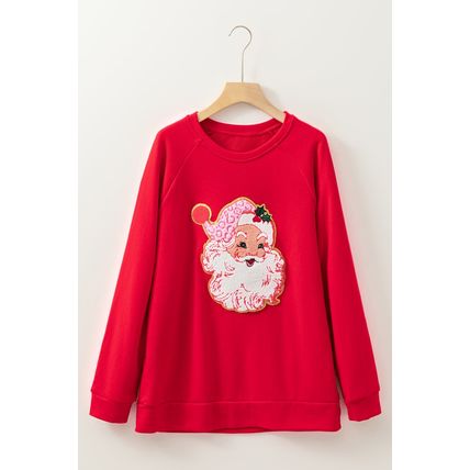 Red Santa Claus Graphic Crewneck Raglan Sleeve Christmas Sweatshirt