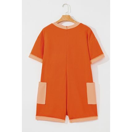 Russet Orange Two-tone Short Sleeve V Neck Patched Pocket Loose Romper
