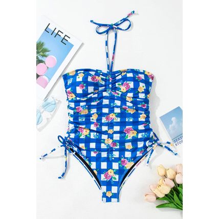 Blue Folk Gingham Halter Ruched Bodice Drawstring Ties One Piece Swimwear