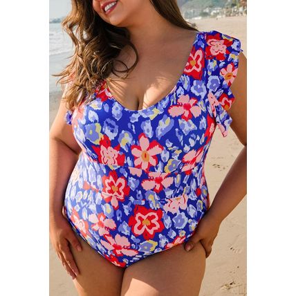 Blue Floral Print Ruffled V Neck High Waist One Piece Swimwear