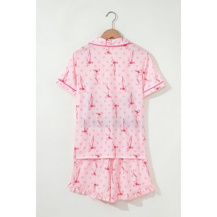 Pink Bow Print Contrast Pipping Short Pajamas Set