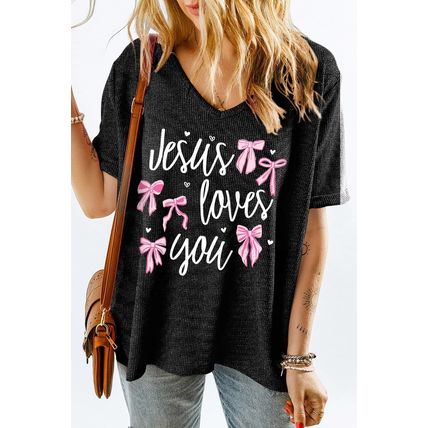 Gray Jesus Loves You Bow Knot Print V Neck Waffle Knit Loose T Shirt