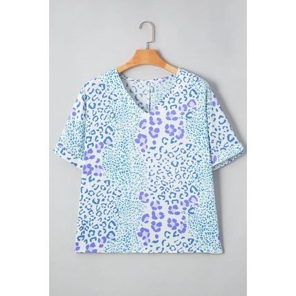 Sky Blue Leopard Print Short Sleeve V Neck Plus Size Top