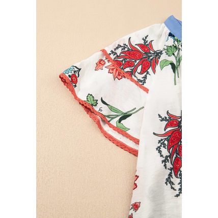 White Floral Print Contrast V Neck Tassel Tie Lace Detail Short Sleeve Blouse