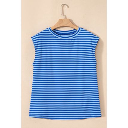 Sky Blue Stripe Ribbed Cap Sleeve Round Neck T Shirt