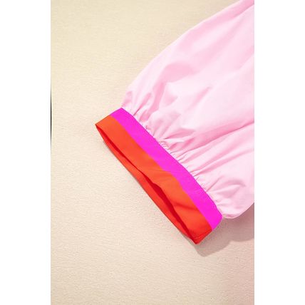 Pink Contrast Striped V Neck Collision Short Puff Sleeve Blouse