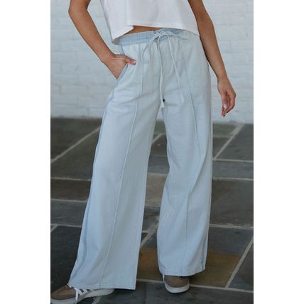 Beau Blue Light Wash Contrast Trim Center Seam Drawstring High Waist Wide Leg De