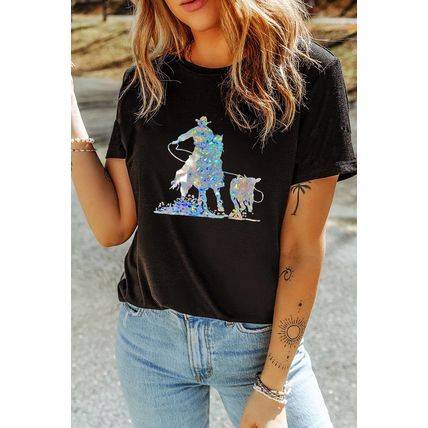 Black Laser Western Cowboy Graphic Crewneck Tee