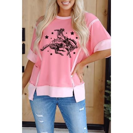 Peach Blossom Raw Seam Mix Texture Patchwork Rodeo Graphic Tee