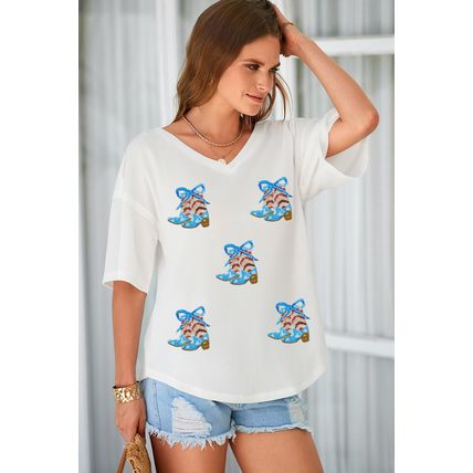 White Patriotic Bow Boots Patched Breathable Texture V Neck Loose Tee