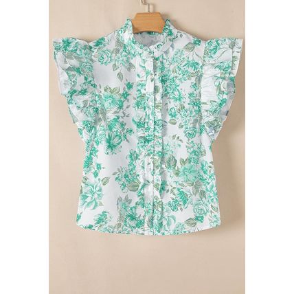 Green Floral Print Ruffle Sleeve Frilly Button Up Shirt