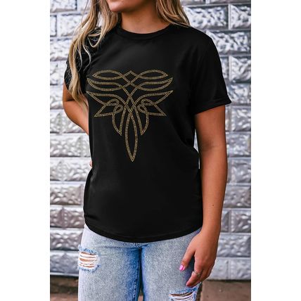 Black Rhinestone Western Pattern Cotton Blend Graphic T Shirt