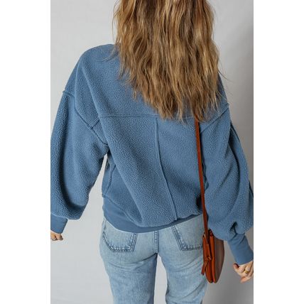 Sail Blue Fleece Drop Shoulder Exposed Seam Patchwork Casual Sweatshirt