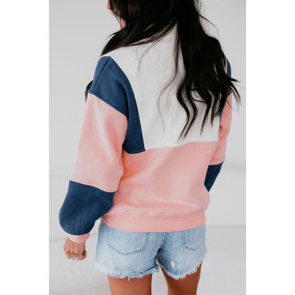 Pink Colorblock Patchwork Half Button Baggy Sweatshirt