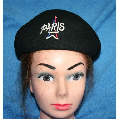 Vintage 1970 Black Beret Hat Paris Logo