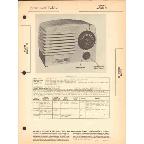 GLOBE model 51 5 tube AM radio receiver Sams Photofact manual