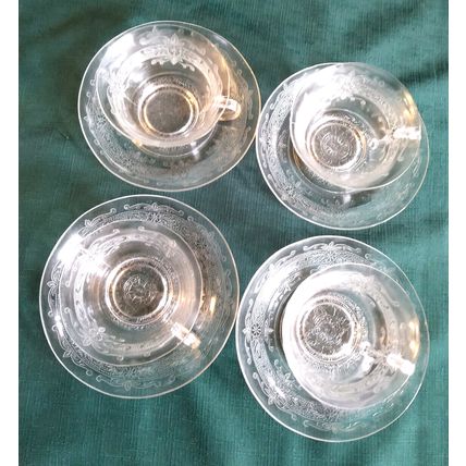 Macbeth Evans 1930's "S" Pattern Stippled Rose Band Clear Crystal Tea Set 10 Pc.