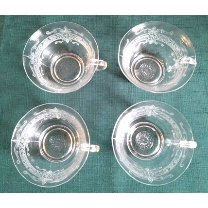 Macbeth Evans 1930's "S" Pattern Stippled Rose Band Clear Crystal Tea Set 10 Pc.