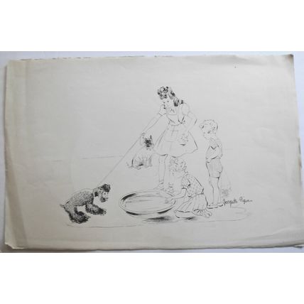 Georgette Pique sketch - Children with dog - 20x13"