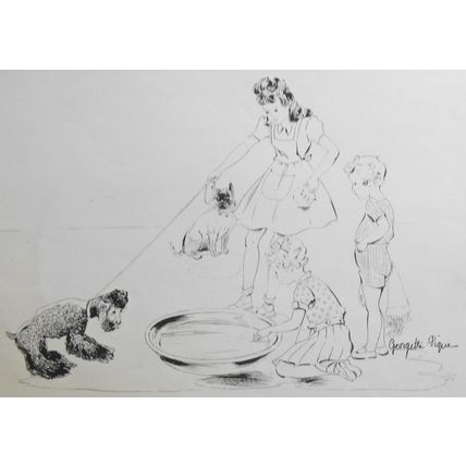 Georgette Pique sketch - Children with dog - 20x13"
