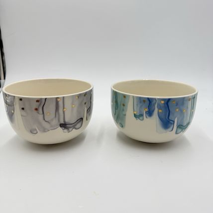 Anthropologie Night Sky Bowl Stoneware Blue Teal Drip Watercolor Wash Gold Star
