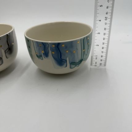 Anthropologie Night Sky Bowl Stoneware Blue Teal Drip Watercolor Wash Gold Star