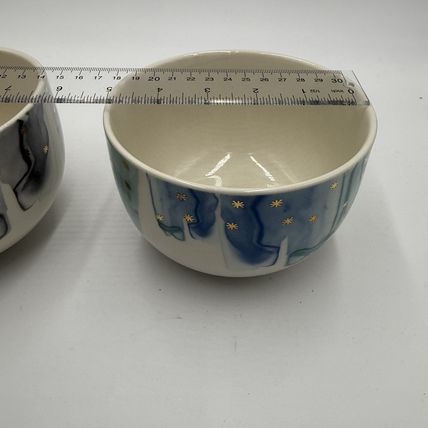 Anthropologie Night Sky Bowl Stoneware Blue Teal Drip Watercolor Wash Gold Star
