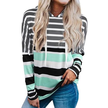 Green Striped Drawstring Long Sleeve Hoodie