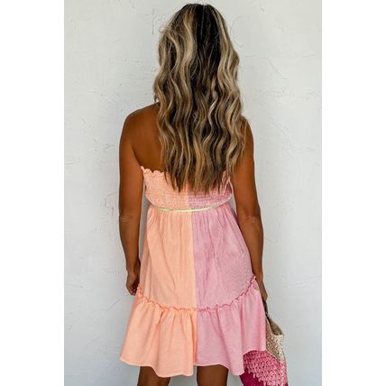 Pink Stripe Color Block Smocked Button Front Frilled Strapless Mini Dress