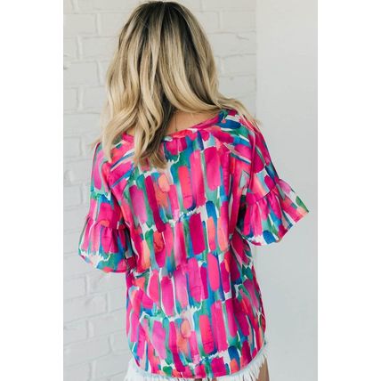 Rose Abstract Brushwork Print Buttoned V Neck Blouse