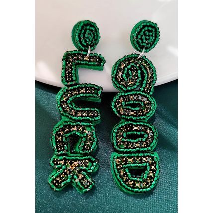 Blackish Green GOOD LUCK Rice Beaded Dangle Earrings