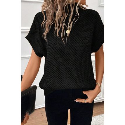 Black Turtleneck Textured Short Sleeve Sweater