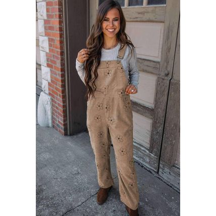 Khaki Flower Print Corduroy Overalls