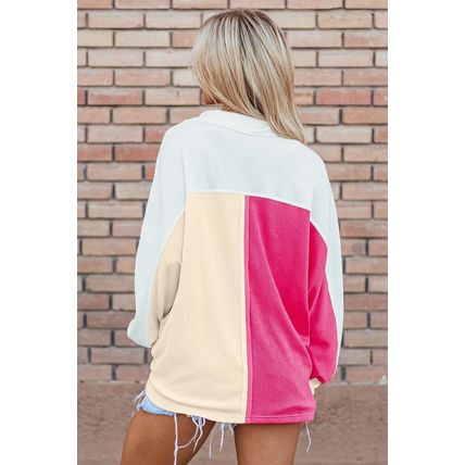 Rose Red Colorblock Ribbed Collared Oversized Sweatshirt