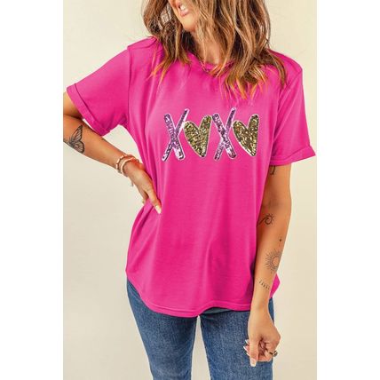 Rose Red Heart XOXO Graphic Crewneck Valentines T Shirt