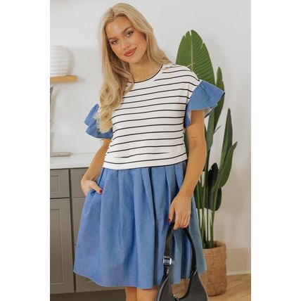 Black Stripe Ruffle Denim Patchwork Round Neck Mini Dress