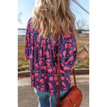 Purple Floral Half Sleeve Split Neck Blouse Top