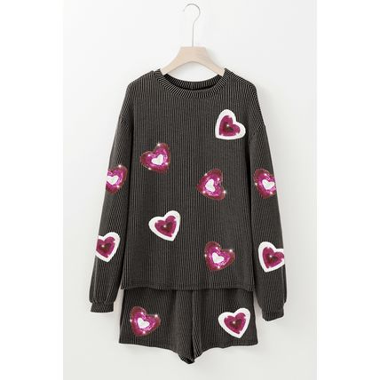 Carbon Grey Valentine Sequin Heart Corded Pullover and Shorts Set