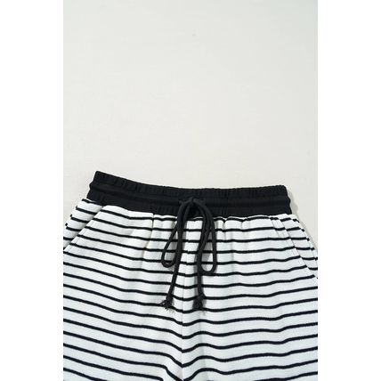 Black Stripe Collared Long Sleeve Top and Drawstring Shorts Set