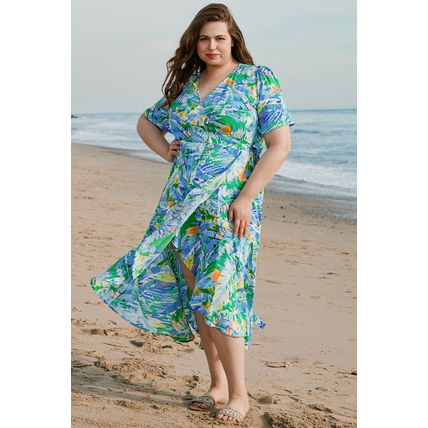 Green Leaves Print Short Sleeve Surplice Neck Ruffled Trim Plus Size Maxi Dress