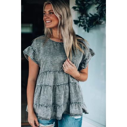 Gray Flutter Sleeves Tiered Denim Top