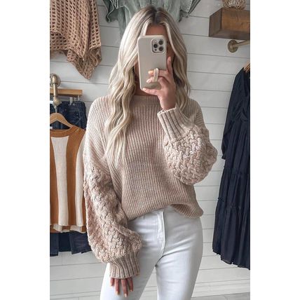 Parchment Cable Knit Sleeve Drop Shoulder Sweater