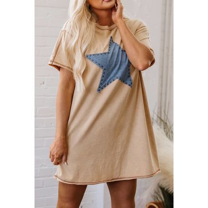 Pale Khaki Mineral Wash Stud Beaded Star Graphic Pocketed T Shirt Dress