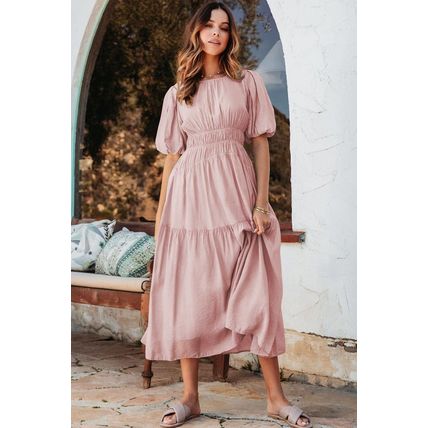 Pink Puff Sleeve Pleated High Waist Flowy Midi Dress