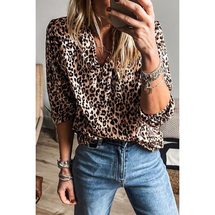 Apricot Leopard V Neck Half Sleeve Blouse