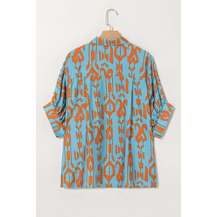 Sky Blue Abstract Print Dolman Short Sleeve Western Loose Shirt