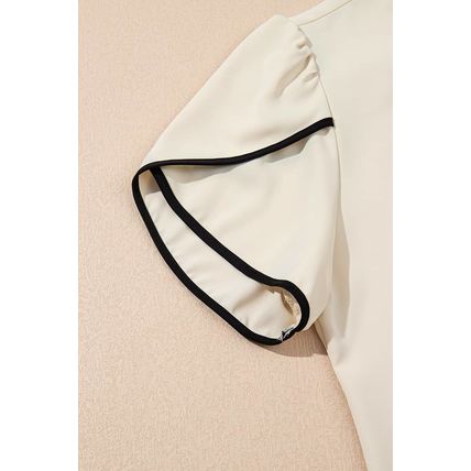 White Bow Knot Neckline Contrast Stripe Short Sleeve Blouse