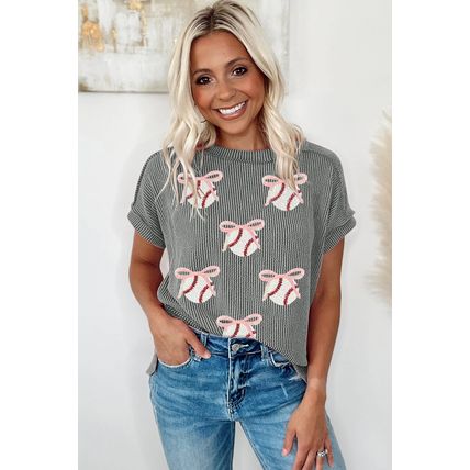 Medium Grey Twist Ribbed Sequined Bow Rugby Game Day Pattern Knit T Shirt